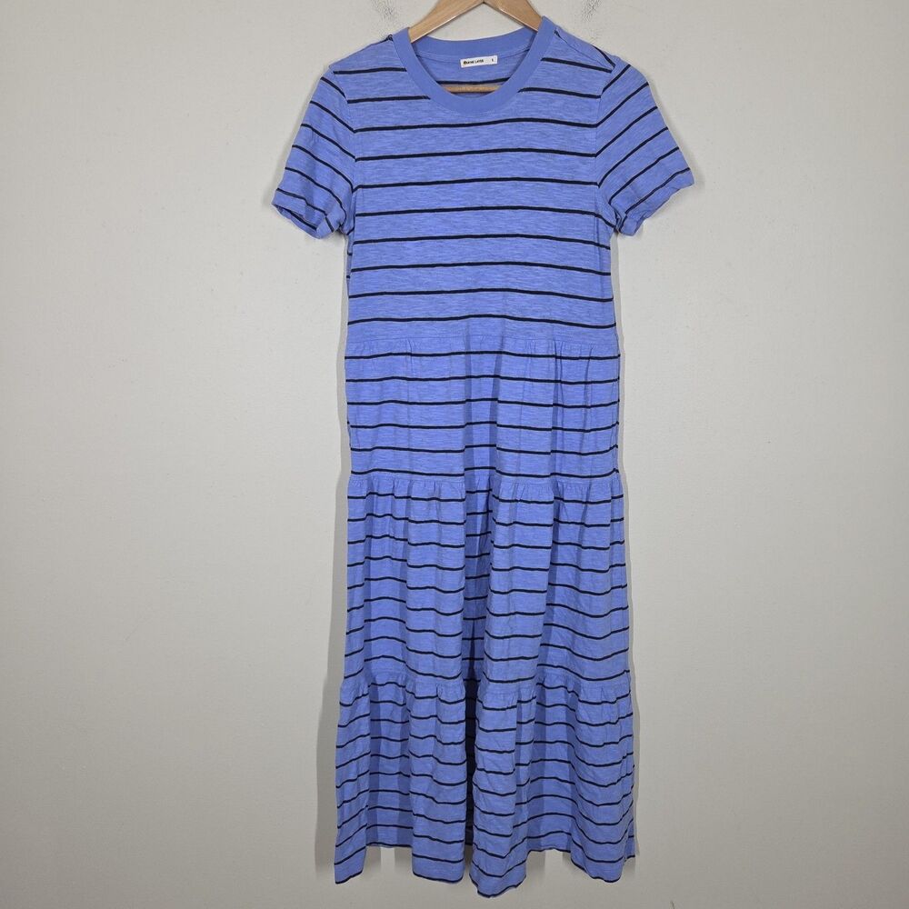 Marine Layer Sadie Vintage Slub Midi Dress Blue Striped Tiered T-Shirt Pockets M